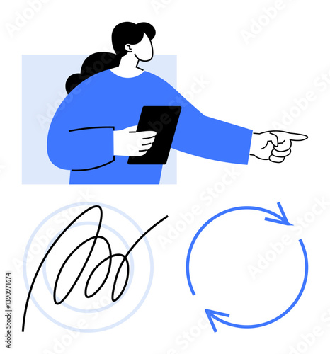 Wallpaper Mural Woman holding a tablet while pointing right, accompanied by a looping circle arrow and abstract signature. Ideal for guidance, direction, recycling, e-signature, leadership, digital approval Torontodigital.ca