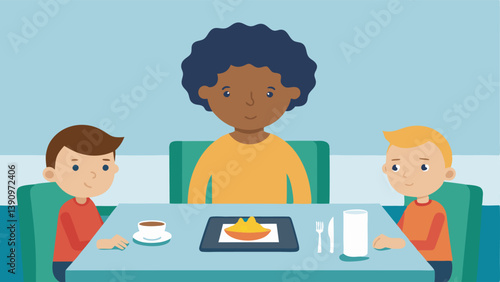 Eyes Glued to the Screen A child sitting at a dining table during a family meal with a tablet propped up in front of them completely ignoring the food and family conversation