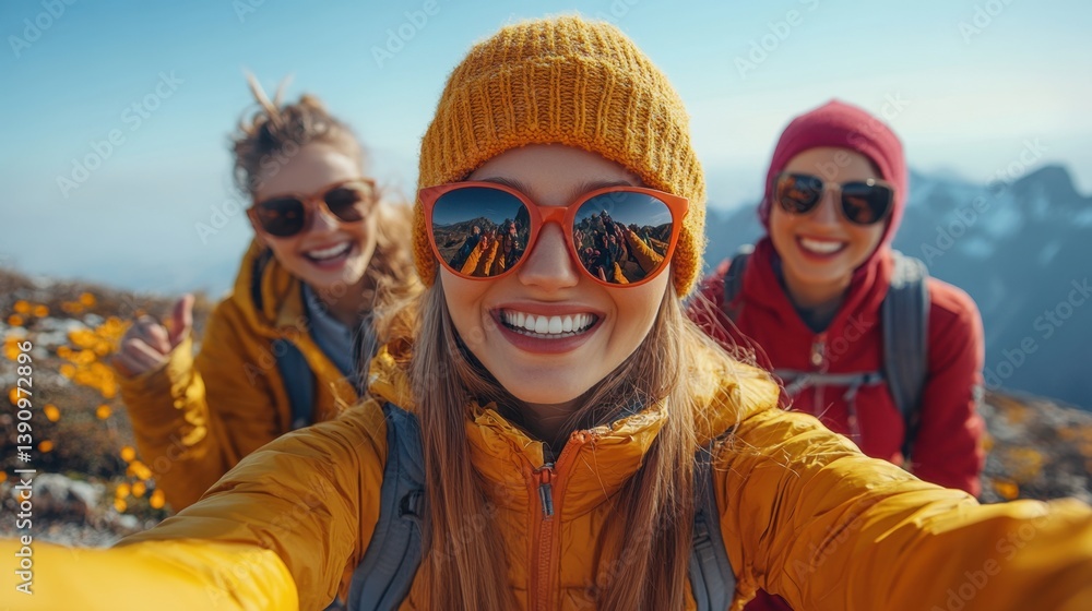 Group of Friends Enjoying a Mountain Adventure on a Sunny Day Group of Friends Enjoying a Mountain Adventure on a Sunny Day