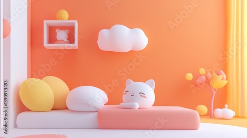 Wallpaper Mural Cute cartoon cat sleeping in a pastel room Torontodigital.ca