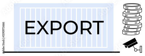 Large export container with bold text, coin stacks for finances, gavel for legal matters, and a surveillance camera for security. Ideal for trade, shipping, logistics, economy, law finance