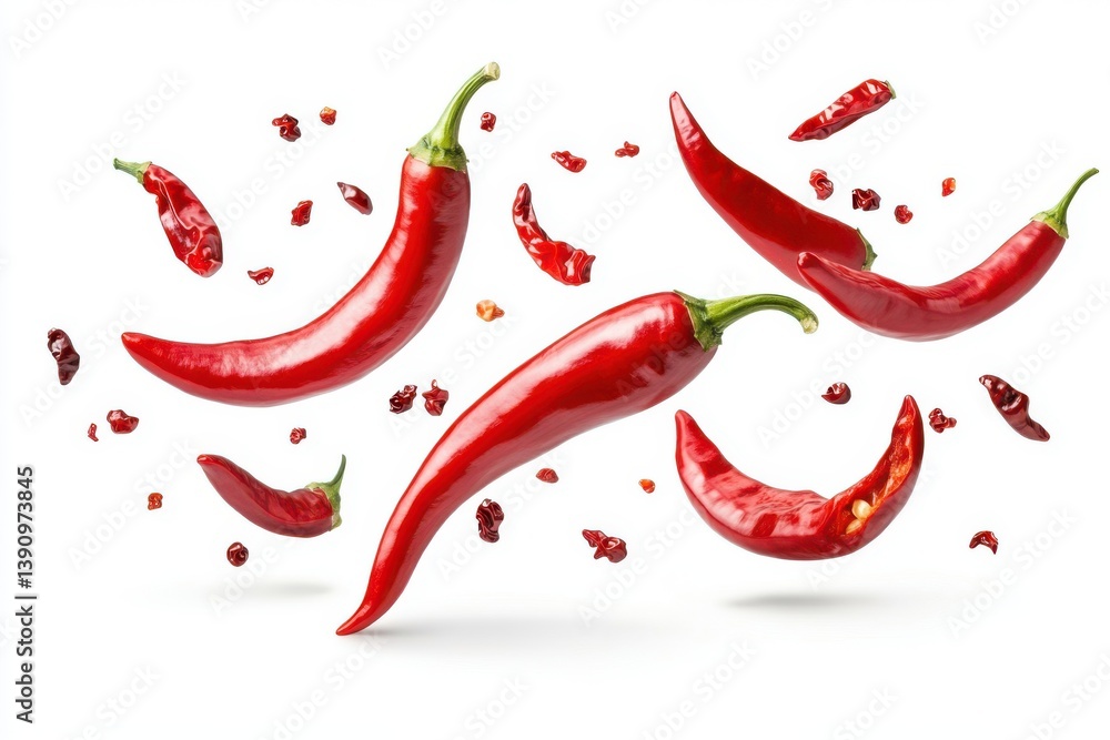Arrangement of vibrant red chili peppers with scattered flakes near Arrangement of vibrant red chili peppers with scattered flakes near