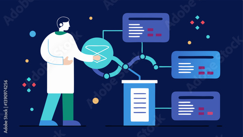 Artificial Intelligence in Research A scientist inputting data into an AI system with digital representations of genetic sequences and machine learning algorithms in the