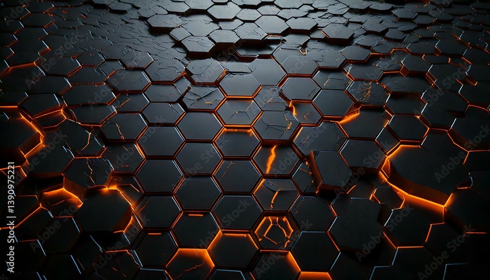 Obraz premium Cracked hexagon pattern with glowing edges
