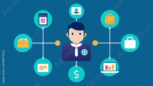 API Integration A developer connecting different financial services through APIs represented by cables linking various service icons and data streams.