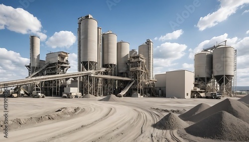 Cement Factory and Gravel Piles Under Blue Sky for Industry Concept