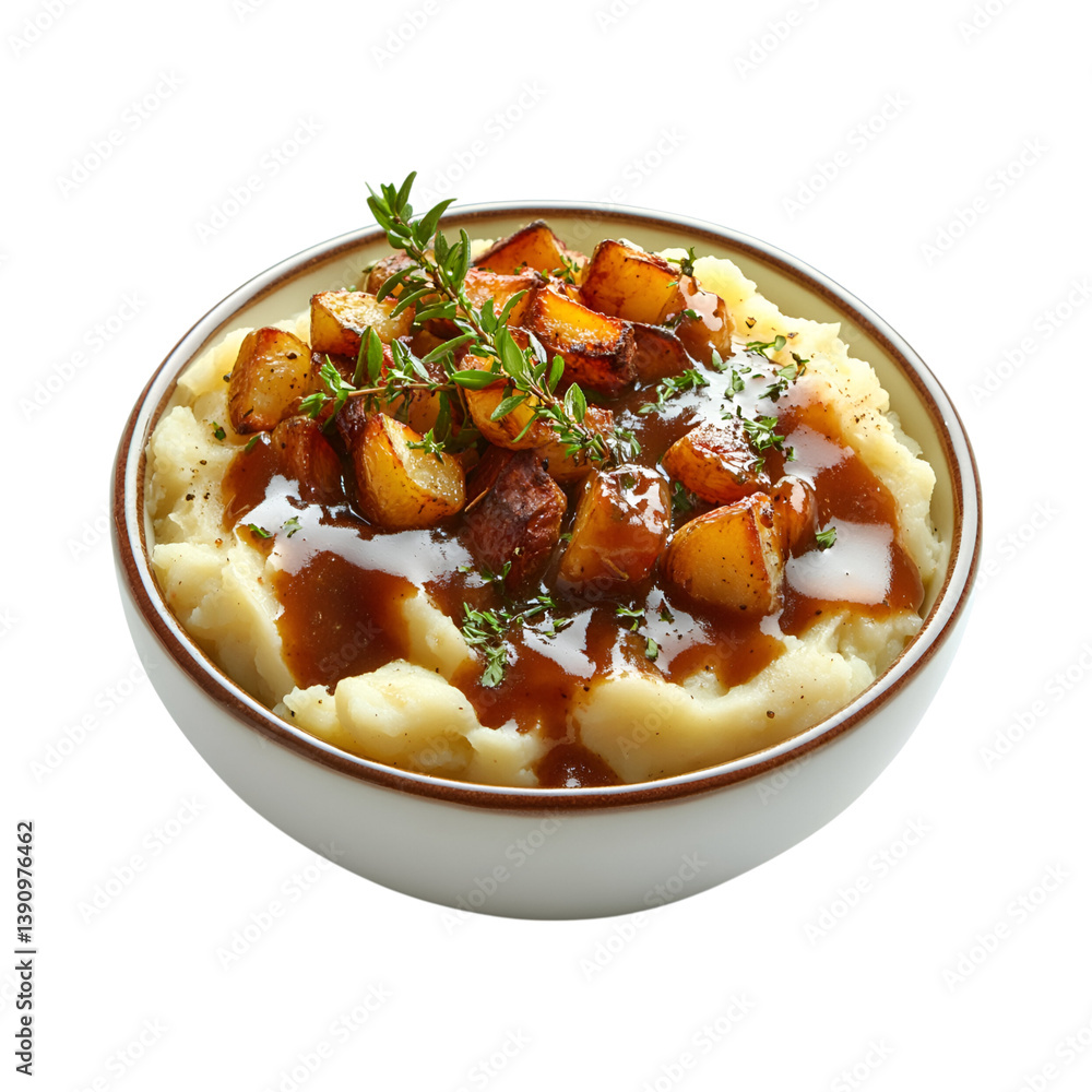 A Bowl of Mashed Potatoes with Gravy Isolated on Transparent Background