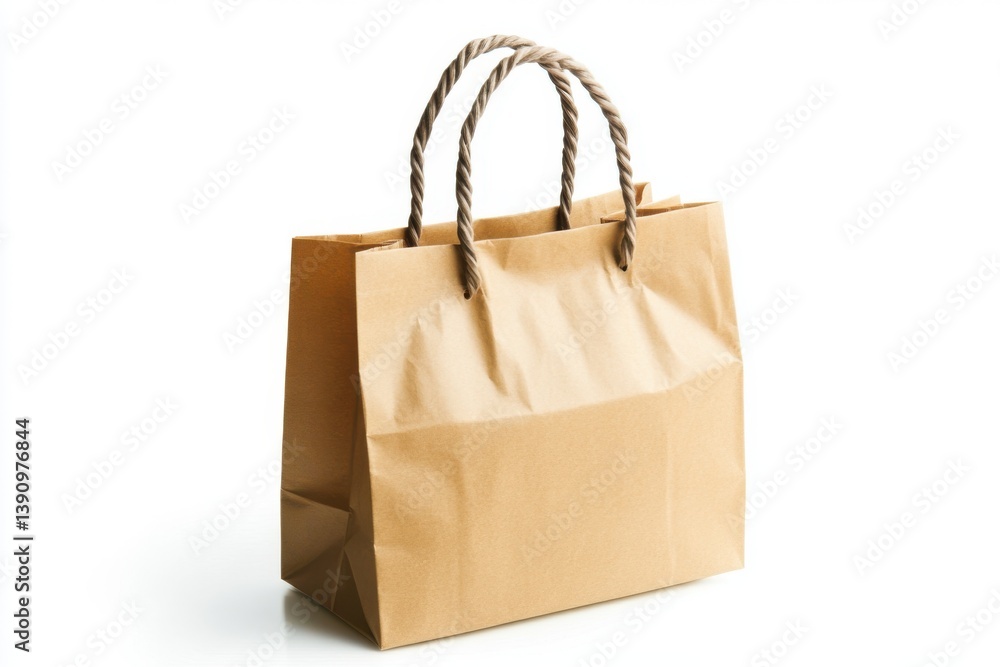 A tan paper shopping bag with rope handles on a white backdrop A tan paper shopping bag with rope handles on a white backdrop