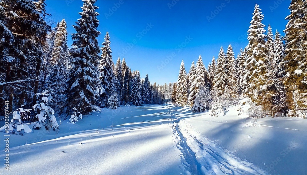 Fototapeta premium Snow-covered trail through winter forest