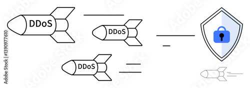 Missiles labeled DDoS launching toward a blue padlock-secured shield symbolizing cybersecurity defense. Ideal for cyber attack prevention, security strategies, online protection, hacking defense, IT