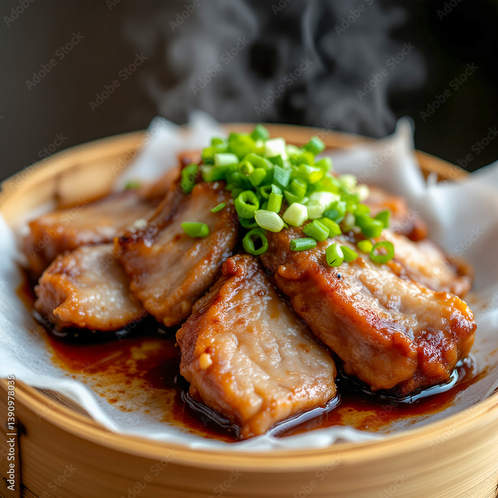 A high-resolution image of a delicate steamed pork rib dish (pai gwat) with a touch of soy sauce and finely chopped scallions on top, sitting on a small bamboo plate A high-resolution image of a delicate steamed pork rib dish (pai gwat) with a touch of soy sauce and finely chopped scallions on top, sitting on a small bamboo plate