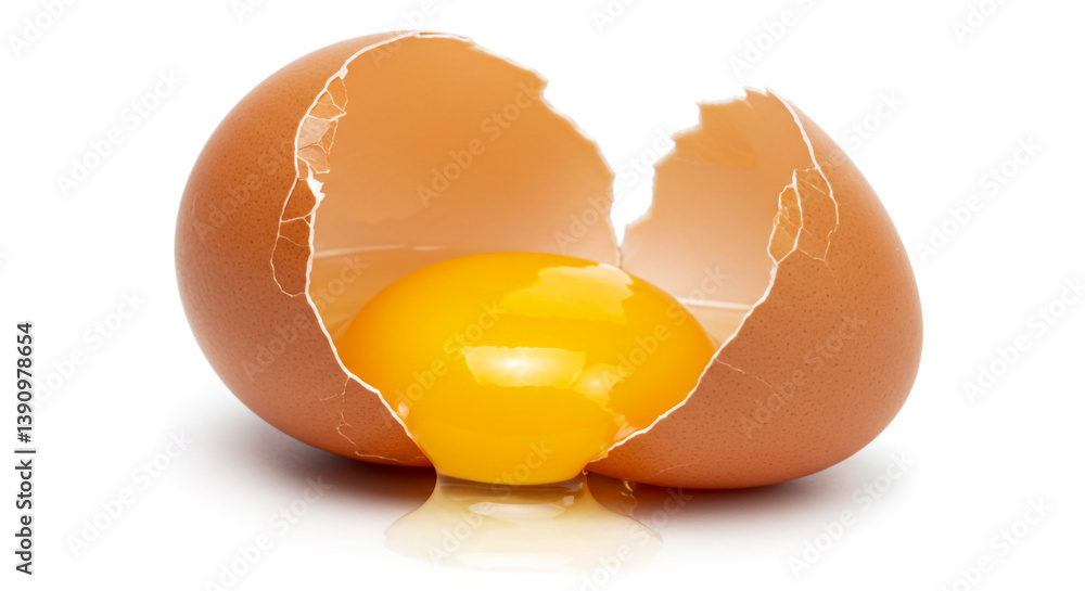 A vibrant, golden yolk spilling from a cracked brown eggshell, a moment of pure, natural freshness against a bright white background. A vibrant, golden yolk spilling from a cracked brown eggshell, a moment of pure, natural freshness against a bright white background.