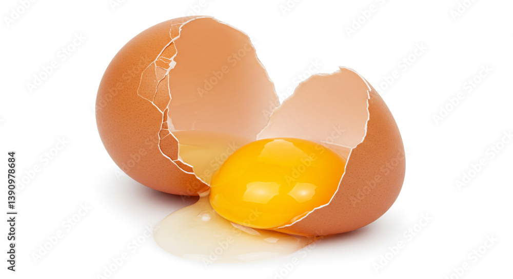 A vibrant golden yolk spills from a cracked brown eggshell, showcasing the raw beauty of a simple ingredient against a bright white background. A vibrant golden yolk spills from a cracked brown eggshell, showcasing the raw beauty of a simple ingredient against a bright white background.