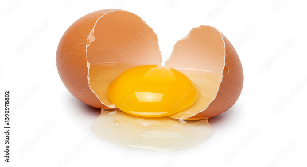 A vibrant golden yolk nestled in a cracked brown eggshell, a perfect moment of culinary potential against a stark white background. A vibrant golden yolk nestled in a cracked brown eggshell, a perfect moment of culinary potential against a stark white background.