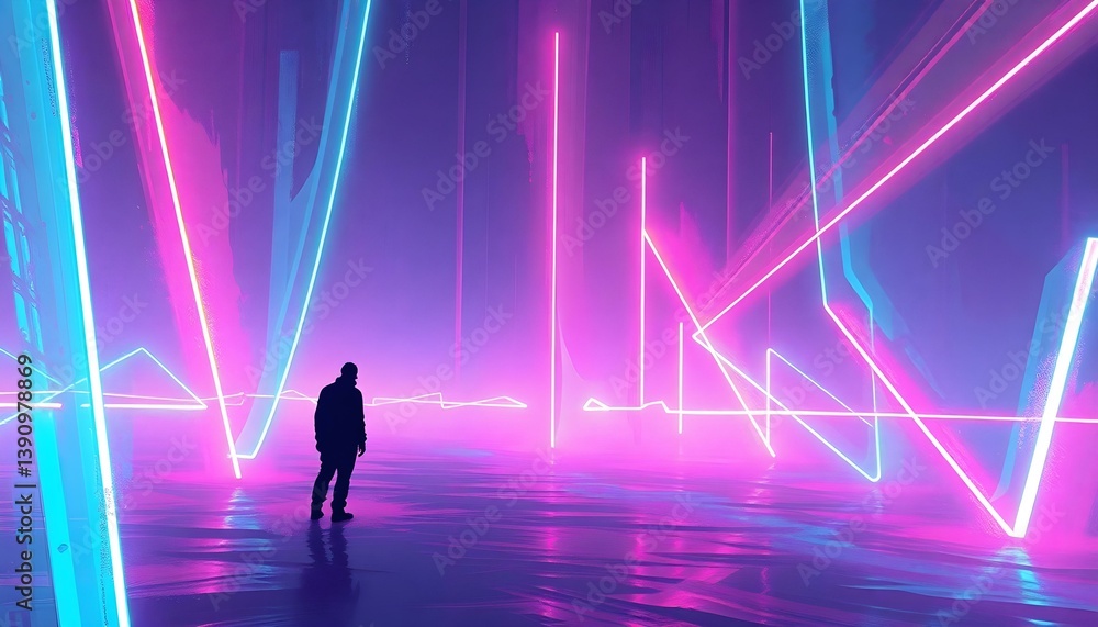 Silhouette Man in Neon Glowing Purple Pink Blue Lines Silhouette Man in Neon Glowing Purple Pink Blue Lines