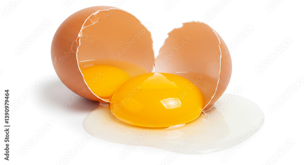 A vibrant, golden yolk spills from a cracked brown eggshell against a bright white background showcasing the rich, natural beauty of a fresh egg.