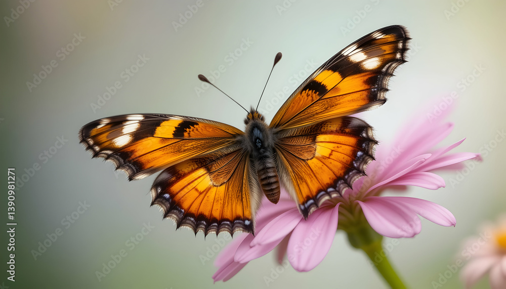 Butterfly Resting on Pink Flower Blossom in Close-up View Butterfly Resting on Pink Flower Blossom in Close-up View