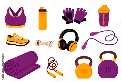 Colorful gym gear including kettlebells, yoga mat, sports bra, shoes, headphones, gloves, water bottles and jump rope
