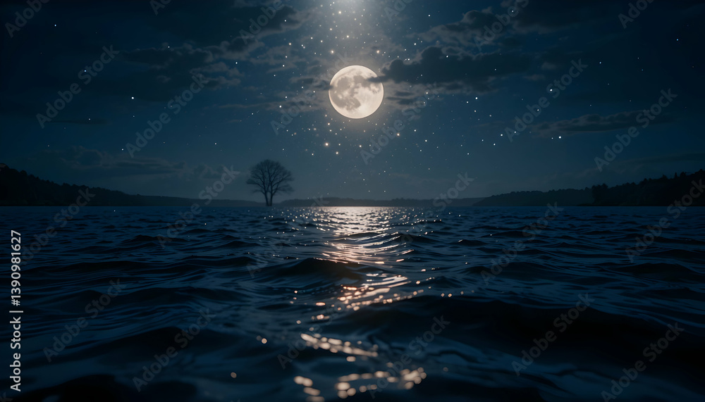Full Moon Over Lake Reflecting on Water with Distant Tree Full Moon Over Lake Reflecting on Water with Distant Tree