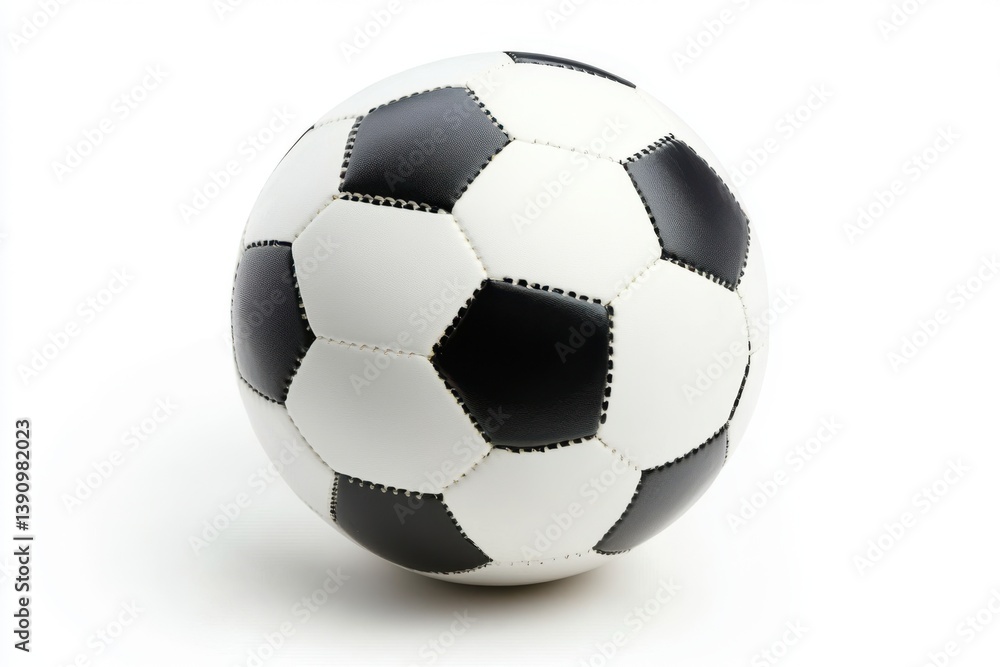 A classic soccer ball with black and white panels on white ground A classic soccer ball with black and white panels on white ground