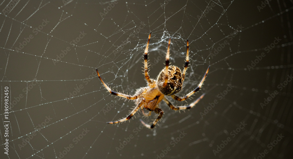 A patient spider delicately poised in its intricate web, a masterpiece of natural architecture against a muted background. A patient spider delicately poised in its intricate web, a masterpiece of natural architecture against a muted background.