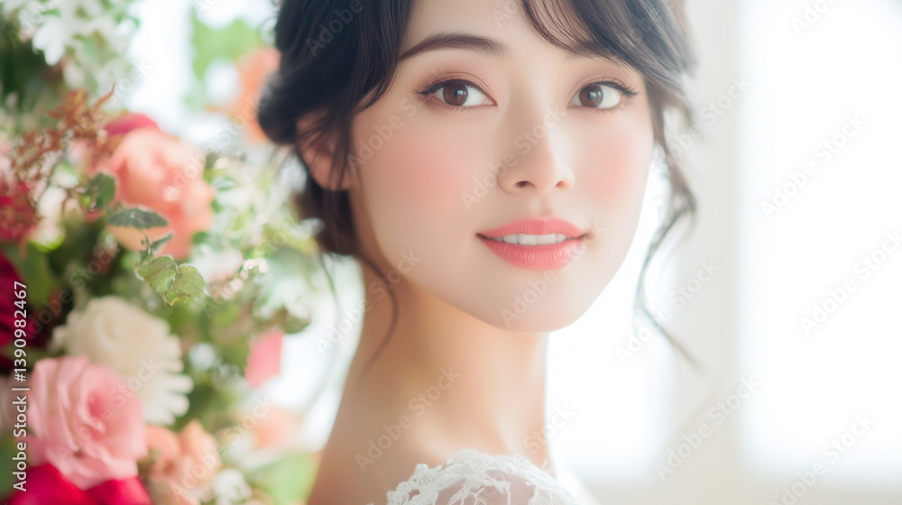 Beautiful dreamy bridal portrait with roses and copy space Beautiful dreamy bridal portrait with roses and copy space