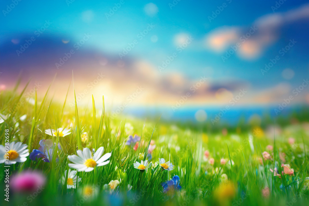 Fototapeta premium Beautiful spring meadow with flowers and sun. Nature background.