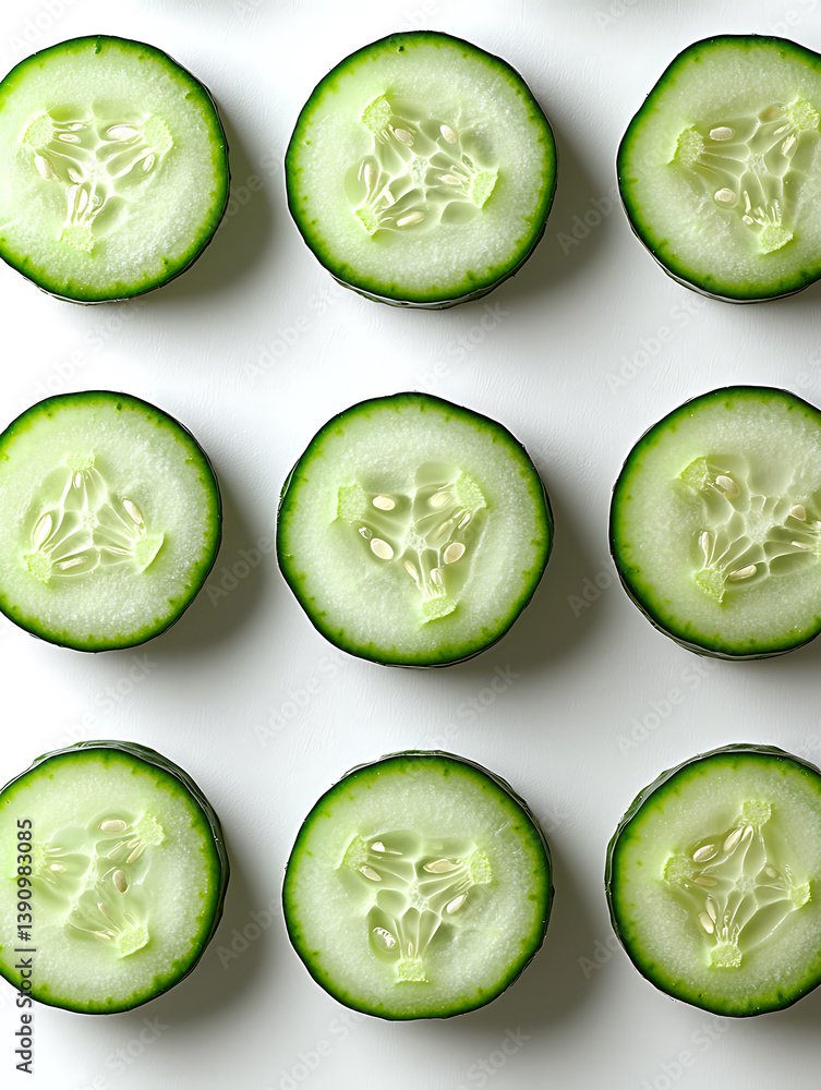 Neatly arranged cucumber slices display their pale green centers and small seeds on a clean white surface. Neatly arranged cucumber slices display their pale green centers and small seeds on a clean white surface.