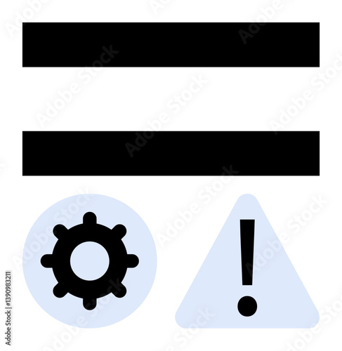 Two bold black lines above a gear icon and warning triangle with an exclamation mark. Ideal for interfaces, alerts, system settings, navigation, priority, caution, and minimalistic flat simple