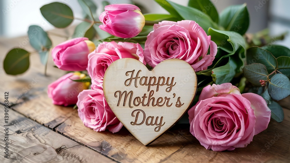 Fototapeta premium Happy Mother's Day message on a wooden heart surrounded by a beautiful bouquet of pink roses and tulips Perfect for Mother's Day cards blogs and websites