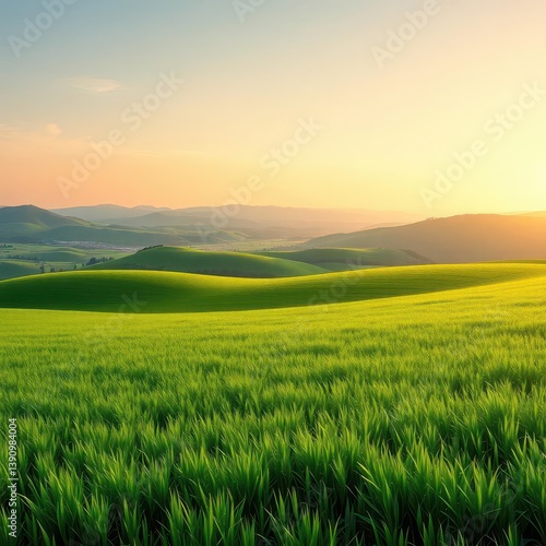Endless emerald meadow gently sloping to distant hills, flora, horizon, ecology