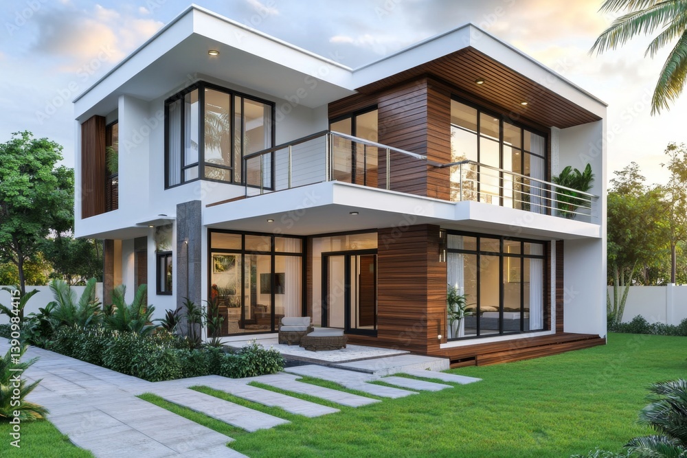 Modern two-story house with a contemporary design, featuring a spacious patio area and lush landscaping Modern two-story house with a contemporary design, featuring a spacious patio area and lush landscaping