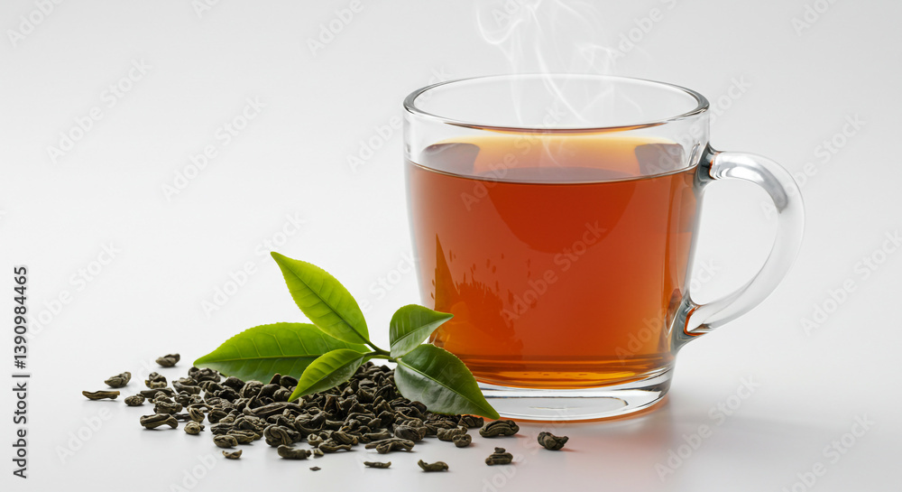 A steaming cup of tea, inviting warmth and tranquility, with loose tea leaves and fresh green sprigs nearby in soft, bright lighting. A steaming cup of tea, inviting warmth and tranquility, with loose tea leaves and fresh green sprigs nearby in soft, bright lighting.
