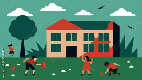 Empty School A school building with broken windows and overgrown grass while children play with makeshift toys outside representing the disruption of education.