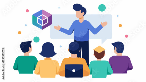 Community Engagement A developer presenting a new blockchain project at a community meetup with an audience gathered around showcasing engagement and collaboration.