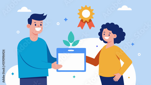 Client Success Celebration An illustration of a happy client receiving a certificate of achievement from a consultant to signify the completion of their personal branding journey.