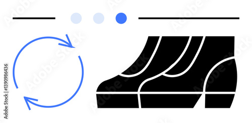 Circular arrow near stacked shoes illustrating sustainable production cycle. Ideal for sustainability, eco-fashion, recycling, renewable production, zero waste, resource efficiency, circular economy