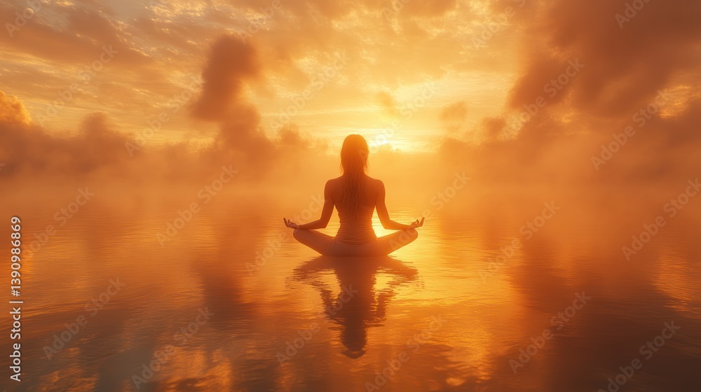 Silhouette of a Person Meditating in Serene Sunset Over Water Yoga Pose for Mindfulness and Re