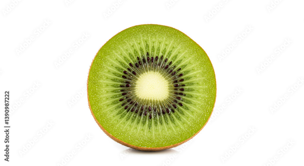 A vibrant kiwi fruit slice, showcasing its juicy green flesh and tiny black seeds against a bright white background. A vibrant kiwi fruit slice, showcasing its juicy green flesh and tiny black seeds against a bright white background.