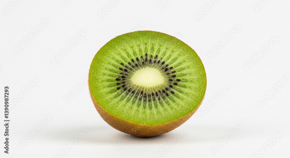 A vibrant kiwi fruit slice showcasing its bright green flesh and tiny black seeds against a clean white background. A vibrant kiwi fruit slice showcasing its bright green flesh and tiny black seeds against a clean white background.
