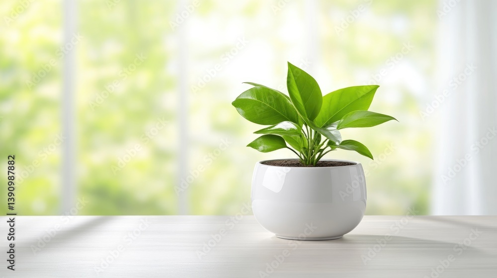 Fresh green plant in a white pot on a light wooden surface, soft-focus blurred background of a sunny window Fresh green plant in a white pot on a light wooden surface, soft-focus blurred background of a sunny window