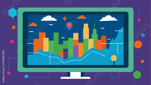 City Map with Data Overlays An illustration of a large city map on a digital screen with colorful data overlays showcasing traffic patterns population density and green spaces.