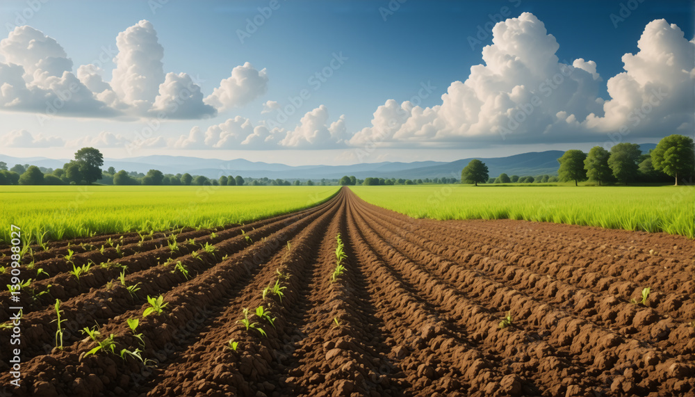 Vast green and brown field with rows of crops stretches to the horizon under a blue sky filled with puffy white clouds on a sunny day. Vast green and brown field with rows of crops stretches to the horizon under a blue sky filled with puffy white clouds on a sunny day.