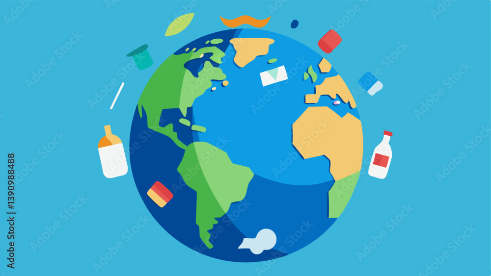 Naklejka premium Earth with Trash A simple Earth covered in various types of trash including plastic waste and electronic waste representing global overconsumption issues.