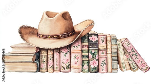 A cowboy hat rests upon a collection of antique books