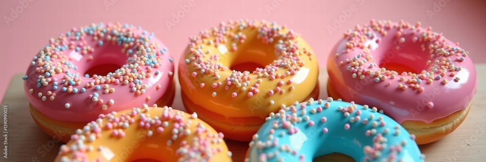 Colorful, sprinkles-covered donuts set against a pink background, perfect for food-related projects, marketing, or sweet treat promotions. Colorful, sprinkles-covered donuts set against a pink background, perfect for food-related projects, marketing, or sweet treat promotions.