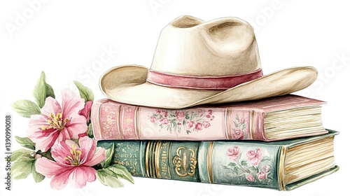 Fototapeta Naklejka Na Ścianę i Meble -  A cowboy hat and floral books create a rustic watercolor design