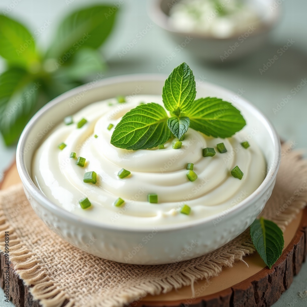 Fresh and creamy dip garnished with mint and green onions, perfect for culinary presentations or food-related projects. Fresh and creamy dip garnished with mint and green onions, perfect for culinary presentations or food-related projects.
