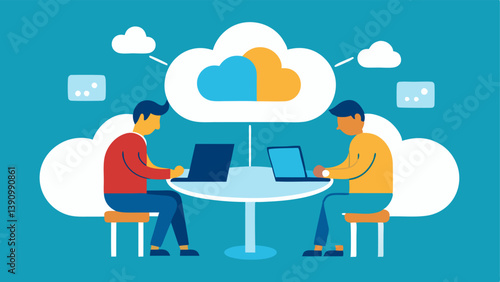 Collaboration Two engineers are collaborating at a round table surrounded by floating cloud icons and digital devices symbolizing teamwork in cloud infrastructure projects.