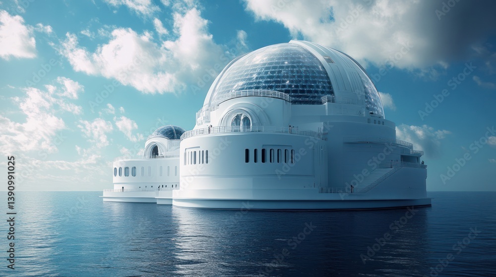 A modern white futuristic building floating on the ocean A modern white futuristic building floating on the ocean